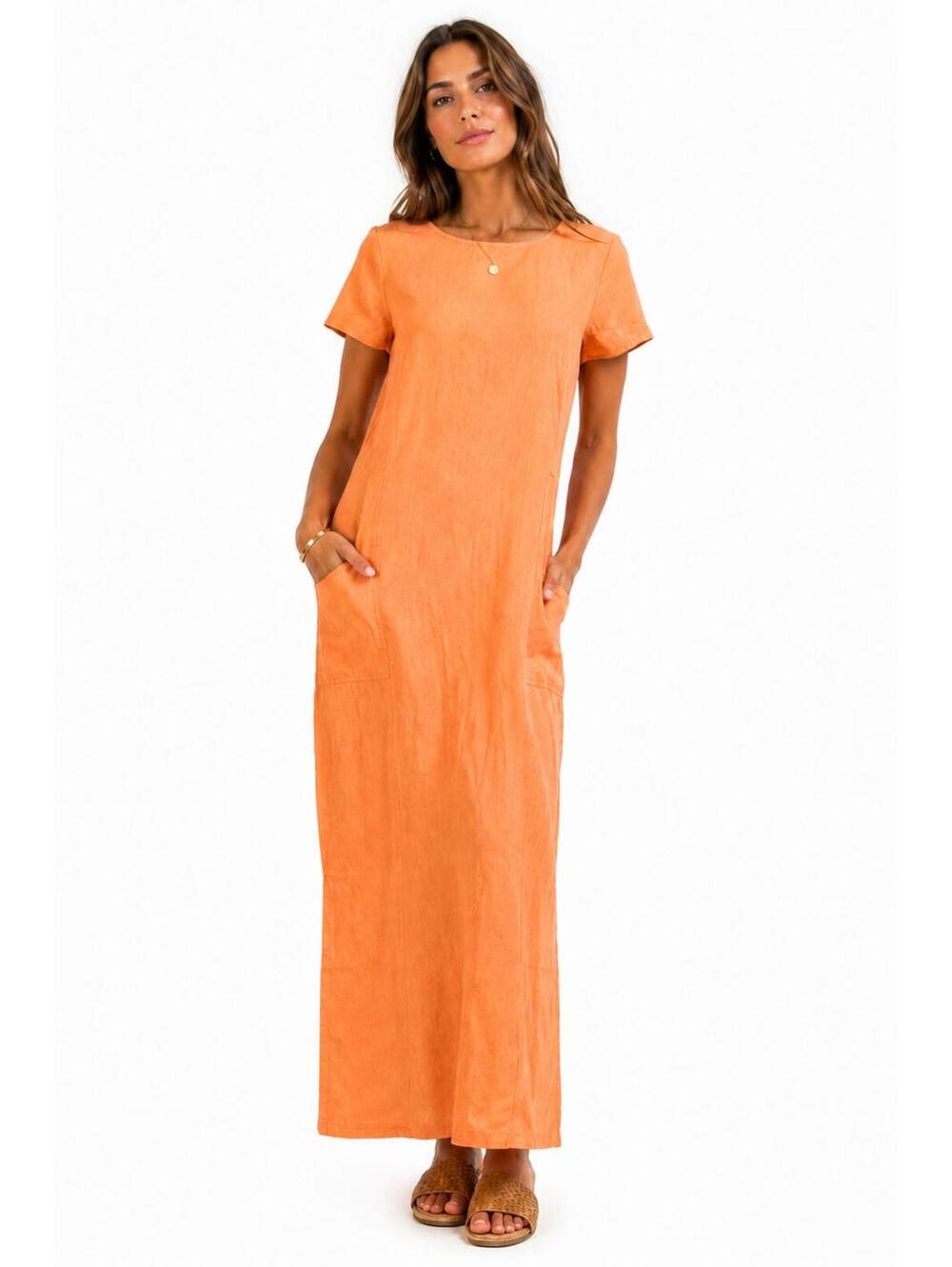 Vintage Sophia Rose Linen Blend Maxi Dress Peach Orange Minimalist Pocket Dress